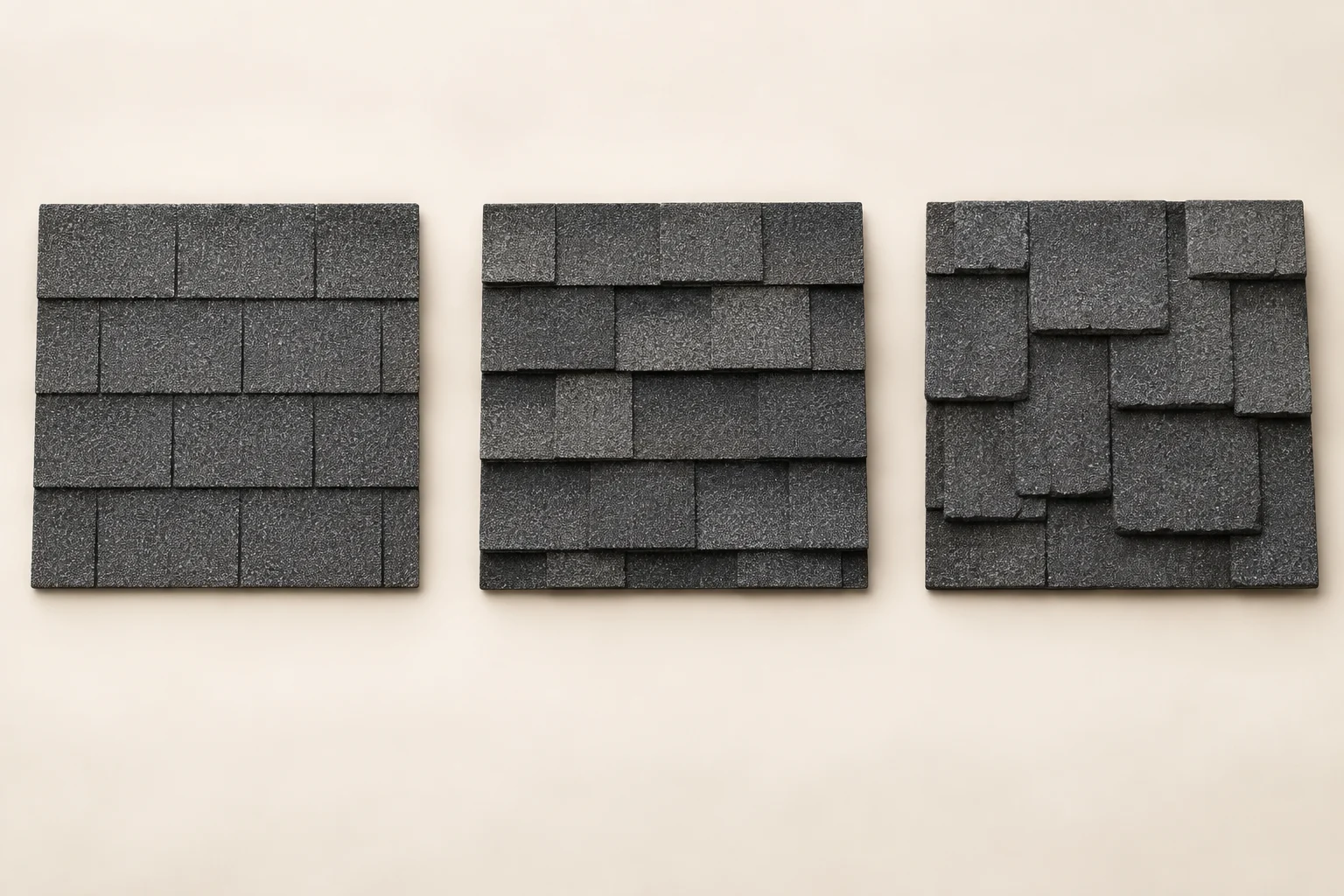 Illustrative three-tab, architectural and designer shingle samples